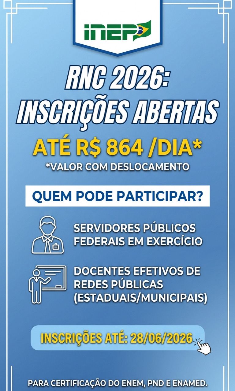 # Inep abre inscrições para Rede Nacional de Certificadores 2026 com pagamento de até R$ 864 por dia O Instituto Nacional de Estudos e Pesquisas Educacionais Anísio Teixeira (Inep) anunciou a abertura das inscrições para a Rede Nacional de Certificadores (RNC) 2026. Os profissionais selecionados irão atuar na certificação dos procedimentos de logística e aplicação de importantes avaliações educacionais do país, como o Exame Nacional do Ensino Médio (Enem), a Prova Nacional Docente (PND) e o Enamed. De acordo com as informações divulgadas, os participantes receberão R$ 510 por dia de atuação. O valor pode chegar a R$ 864 nos casos em que houver necessidade de deslocamento superior a 150 quilômetros. As inscrições seguem abertas até o dia 28 de junho de 2026. ## Quem pode participar? Podem se inscrever: * Servidores públicos do Poder Executivo Federal em efetivo exercício; * Docentes efetivos (concursados) das redes públicas estaduais e municipais que estejam atuando na docência em 2026. ## Quem não pode participar? O edital informa que não serão aceitos profissionais com: * vínculo temporário; * contratos por tempo determinado; * atuação terceirizada; * vínculo celetista. A Rede Nacional de Certificadores tem como objetivo garantir maior segurança e fiscalização durante a aplicação das provas, acompanhando os procedimentos nos locais de exame em todo o país. ## Fonte oficial [INEP – Rede Nacional de Certificadores](https://www.gov.br/inep/pt-br?utm_source=chatgpt.com) ## Fonte da informação utilizada Publicação do perfil [Portal G1](https://g1.globo.com/?utm_source=chatgpt.com) em compartilhamento nas redes sociais.